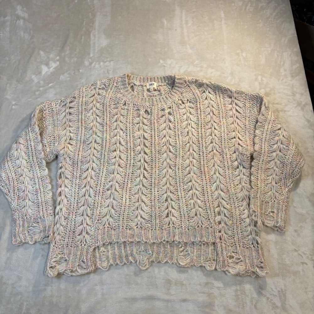 BKE Womens Pastel Multi Color Open Cable Knit Distressed Hem Sweater MS5030 S